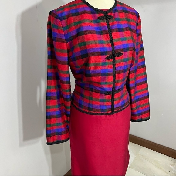 Vintage Talbots red silk midi dress and colorful plaid collarless blazer jacket - Picture 9 of 13